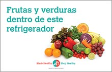 Sign with colorful fruit that reads "Frutas y verduras dento de este refrigerador."