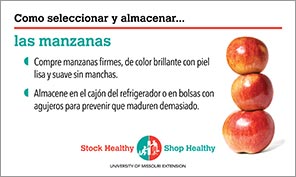 An apple (las manzanas) shelf talker in Spanish.