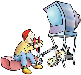 Boy cutting the chain connecting him to a TV.