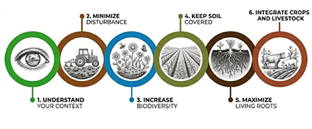A series of images depicting the soil health principles. Understand your context (eye icon), minimize disturbance (tractor disturbing soil), increase biodiversity (variety of flowering plants and pollinators), keep soil covered (covered crop rows and plant residue), maximize living roots (plant roots growing in soil), and integrate crops and livestock (cow and pig grazing in a field with various plants).