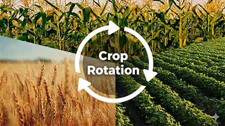 A composite graphic illustrating crop rotation, featuring three different crops arranged around a central white circular arrow icon labeled 'Crop Rotation.' The background shows a mature corn field with tall stalks and tassels (upper portion), a field of golden wheat with ripe seed heads (lower left), and rows of actively growing soybean plants (lower right). The circular arrow design visually communicates the cyclical nature of rotating crops across growing seasons.