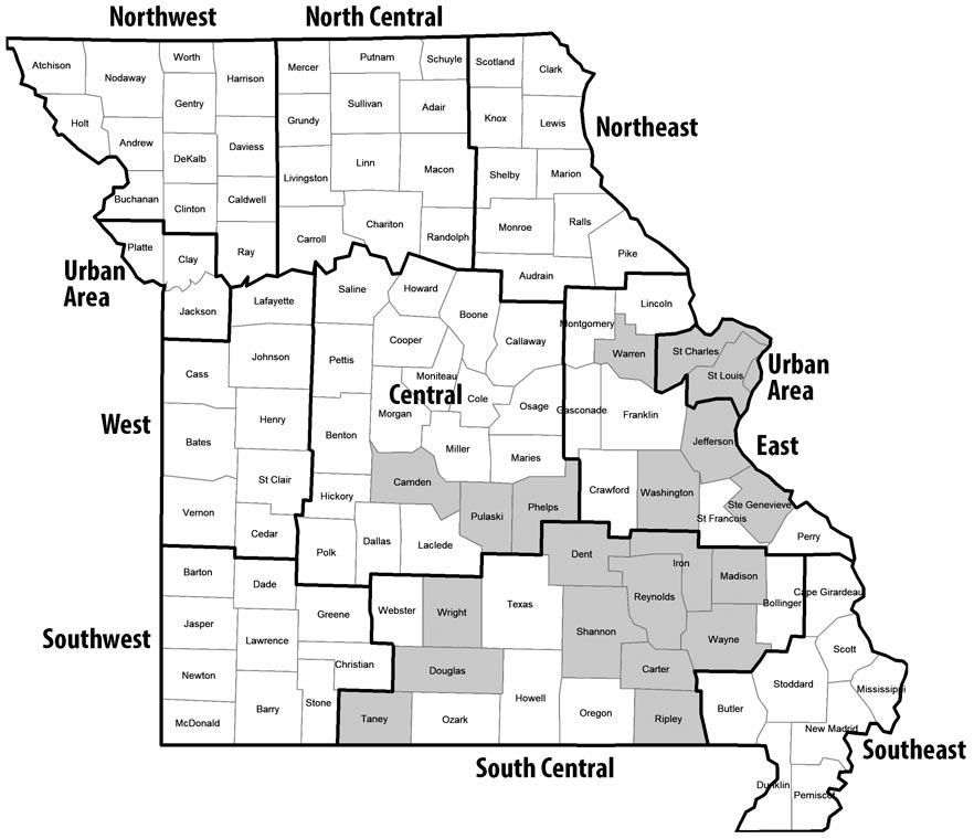 State of Missouri divided into USDA Agricultural Statistics District boundaries and with counties with insufficient data shaded in gray.