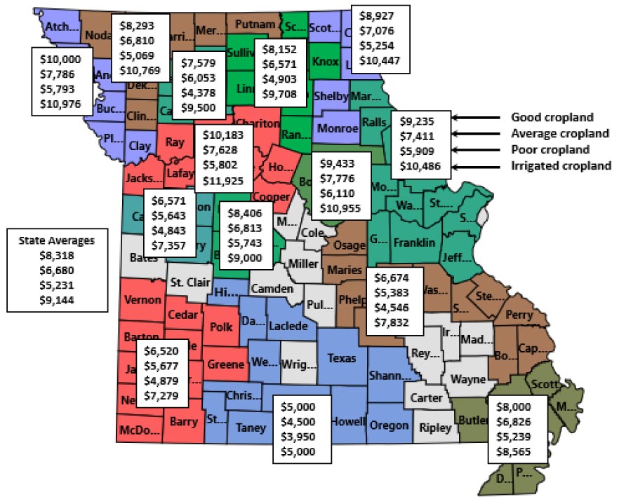 Map of Missouri showing regional estimated cropland values for July 2022.