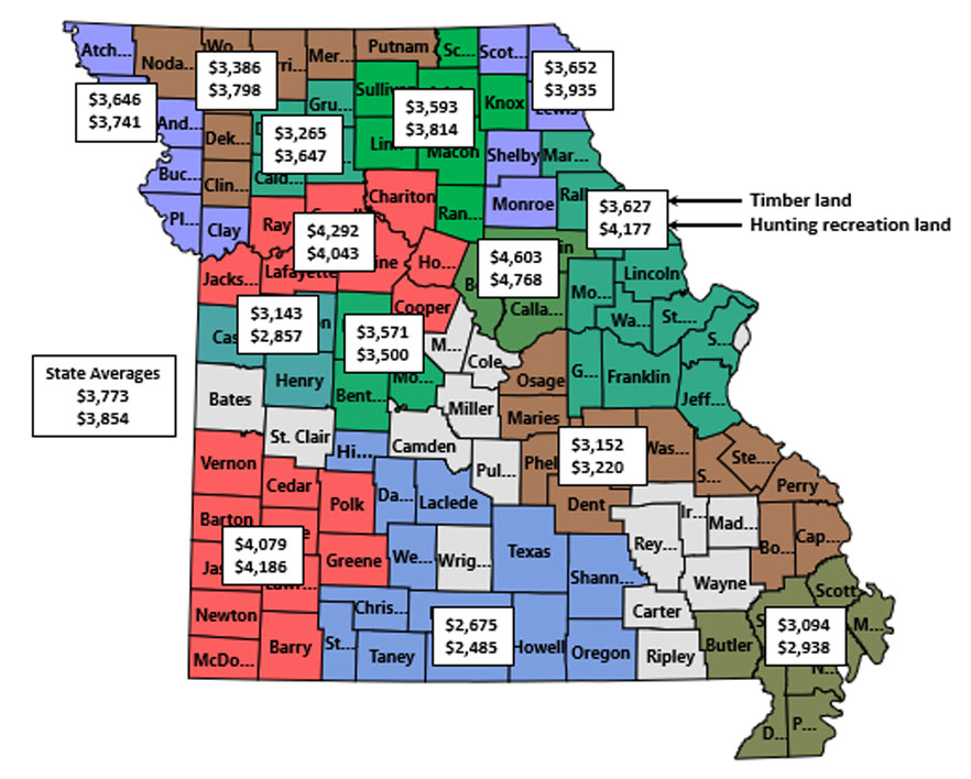 Map of Missouri showing regional estimated timber and hunting/recreation land values for July 2022.