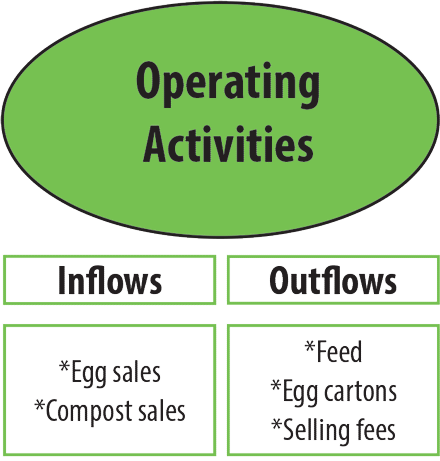 Operating activities inflows of egg and compost sales, and outflows of feed, egg cartons and selling fees.