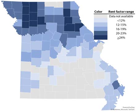 A map of Missouri's counties that is color coded to reflect long-term rent factors for corn production within a range of percentages.