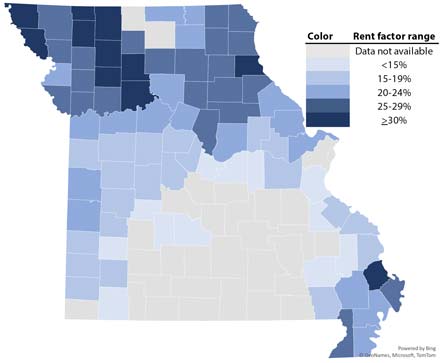 A map of Missouri's counties that is color coded to reflect long-term rent factors for soybean production within a range of percentages.