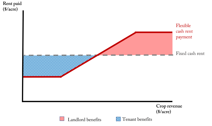 A line graph showing the situational benefits of flexible cash leasing when compared to a fixed cash lease. 