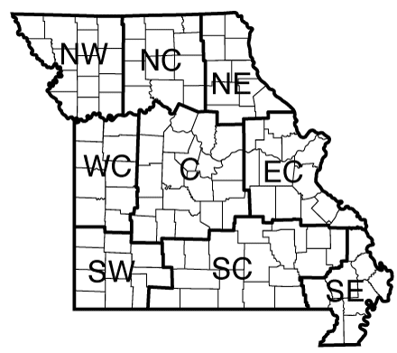Map of Missouri divided into USDA crop reporting districts.