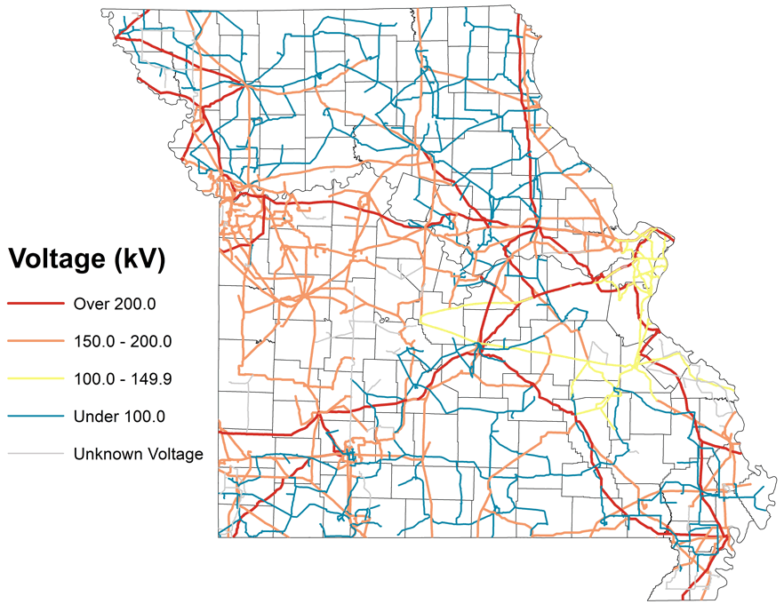 Map of Missouri showing electricity transmission lines by voltage.
