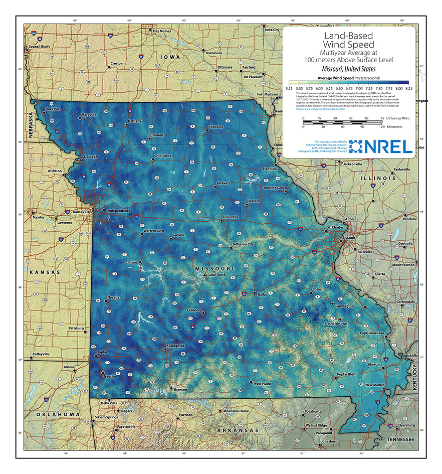 Map showing average wind speeds in Missouri