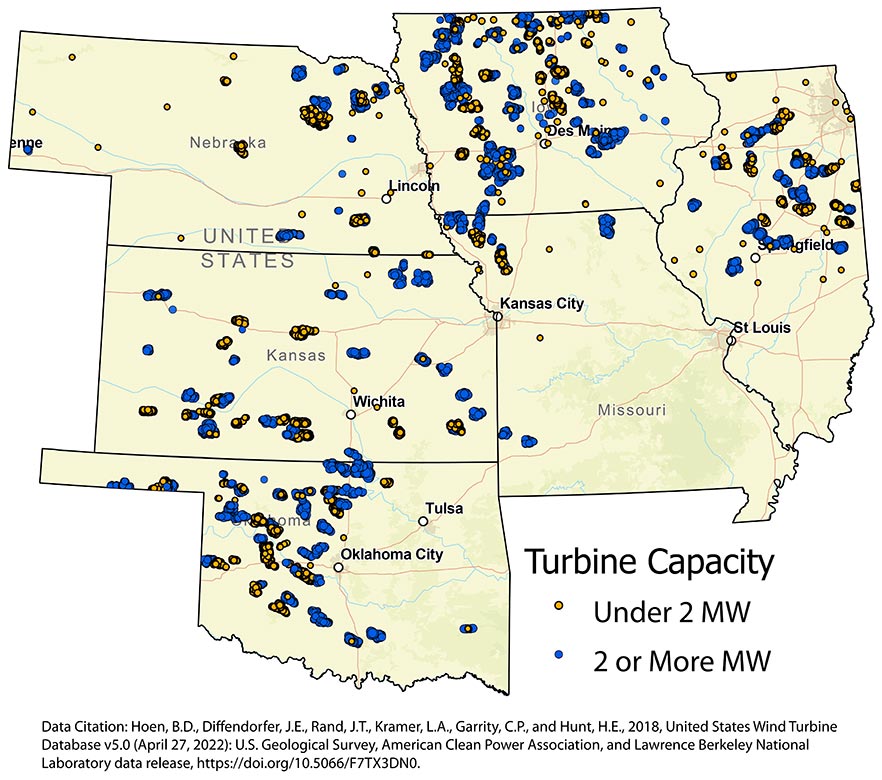 Map showing location of wind turbines in Missouri, Illinois, Iowa, Nebraska, Kansas and Oklahoma.