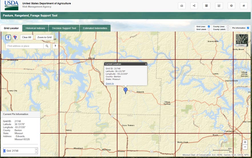 The grid locator tab of the USDA Pasture, Rangeland, Forage Support Tool.