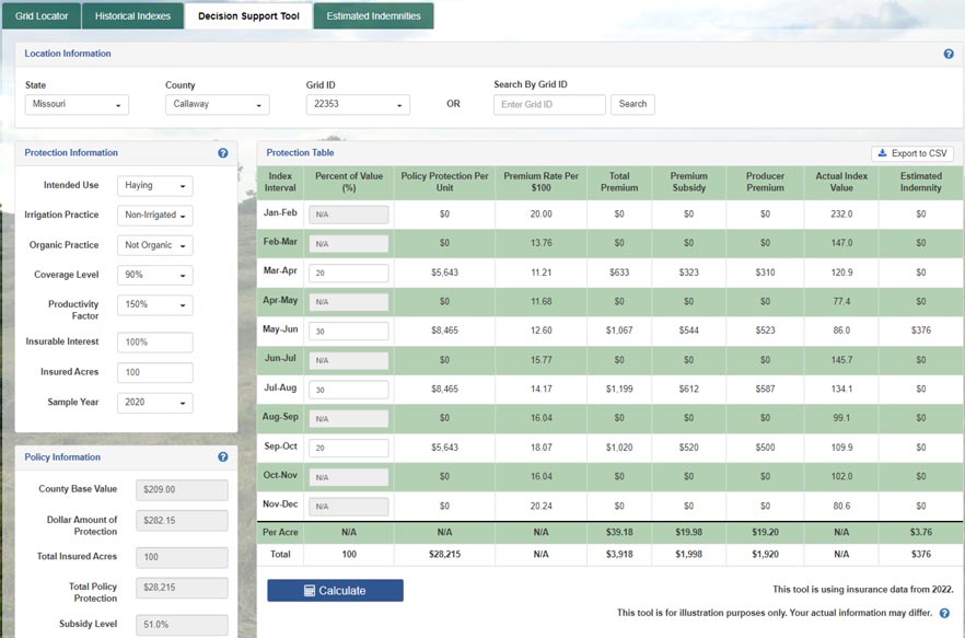 The decision support tool tab of the USDA Pasture, Rangeland, Forage Support Tool