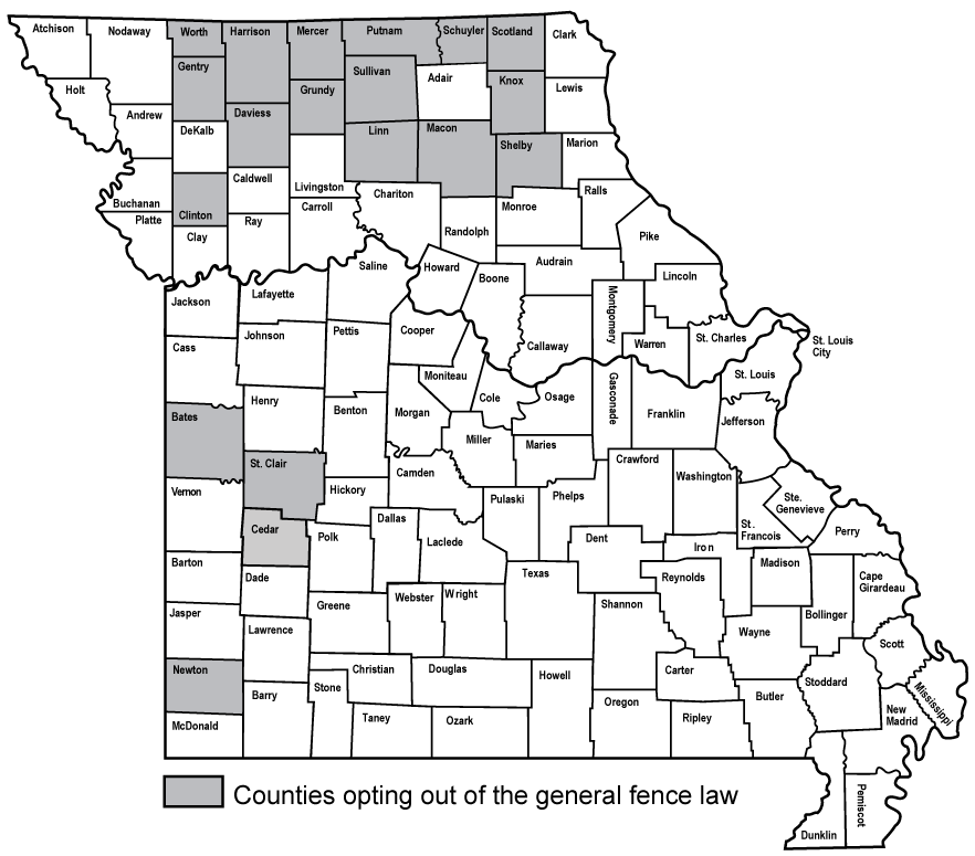 Map showing Missouri counties that have opted out of the general fence law.