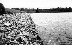 Rock riprap may be required to protect a dam from wave action, especially if the dam faces the prevailing wind or has a large pond.