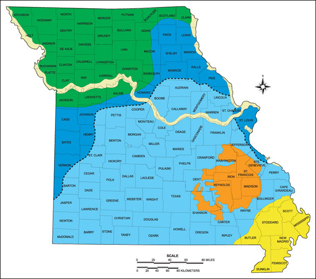 Missouri groundwater production regions and aquifers