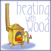 The words 'heating with wood' over an open wood stove with a blazing fire.
