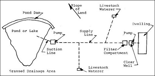 Layout of pond, water lines and purification system.