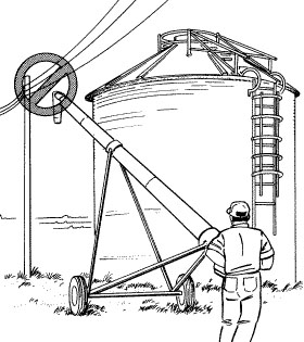 A man operating a grain auger near power lines that are close to the silo roof.