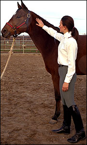 A woman petting a horse.