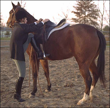 A woman mounting a horse safely.