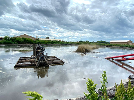 PTO-drive lagoon agitators and agitation boat.