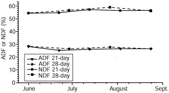 Graph showing that acid detergent fiber and neutral detergent fiber values in bermudagrass are unaffected by changes in cutting interval.