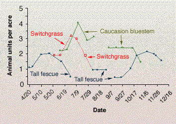 Carrying capacity of tall fescue, switchgrass and caucasian bluestream measured as animal units per acre.