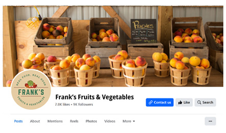 Facebook page header for Frank's Fruits and Vegetable with peaches in baskets.