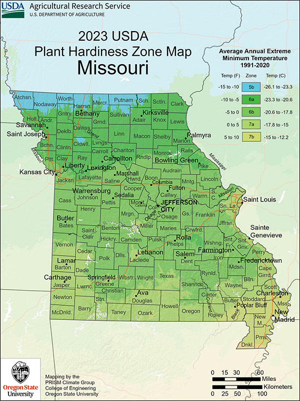 Hardiness zones in Missouri