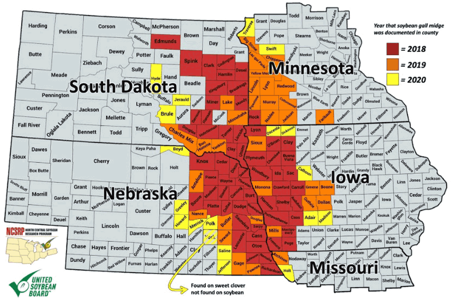 Map showing areas in the five states in which soybean gall midge is established.