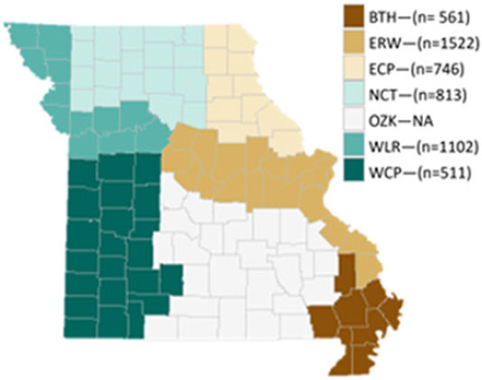 Map of Missouri with shaded regions.