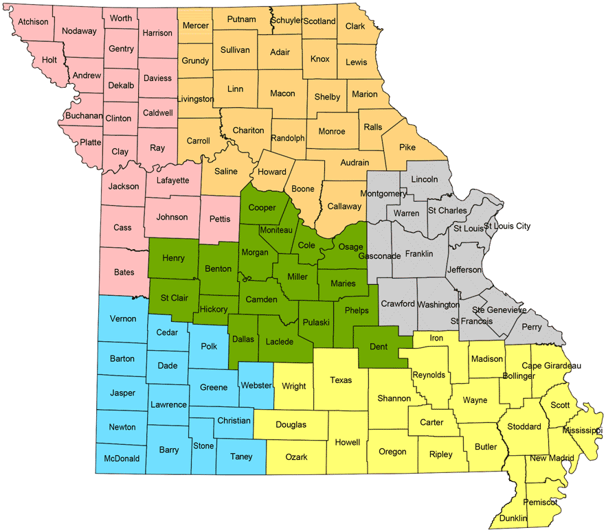 Color-coded Missouri map indicating counties served by specific Missouri Department of Conservation wildlife damage biologists.
