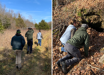 (Left) Three people outdoors observing bear habitat. (Right) Two people kneeling to observe a bear den.