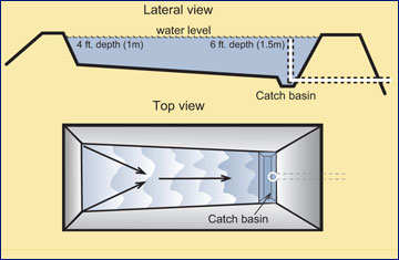 Lateral and top views of a prawn pond