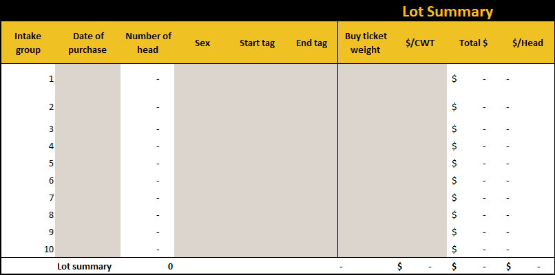 Lot Summary table, intake portion