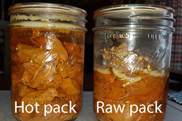 Two cans of meat side by side, hot pack and raw pack