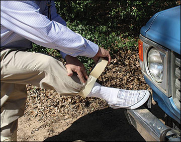 Tuck pant legs into socks or tape them closed to keep ticks from getting onto skin