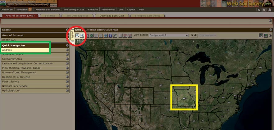 Screenshot of the Web Soil Survey map with the zoom-in tool circled.