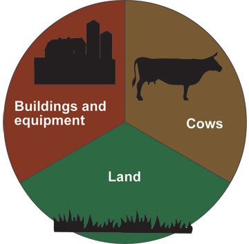 Pasture-based dairies allocate one-third investment each to cows, buildings/equipment and land.