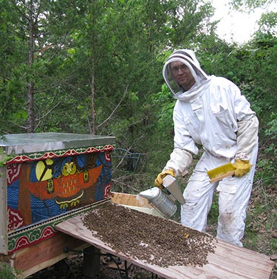 Leo Sharashkin working a beehive