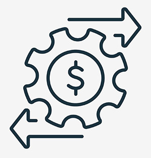 Graphic of a cog in motion with dollar sign in the middle