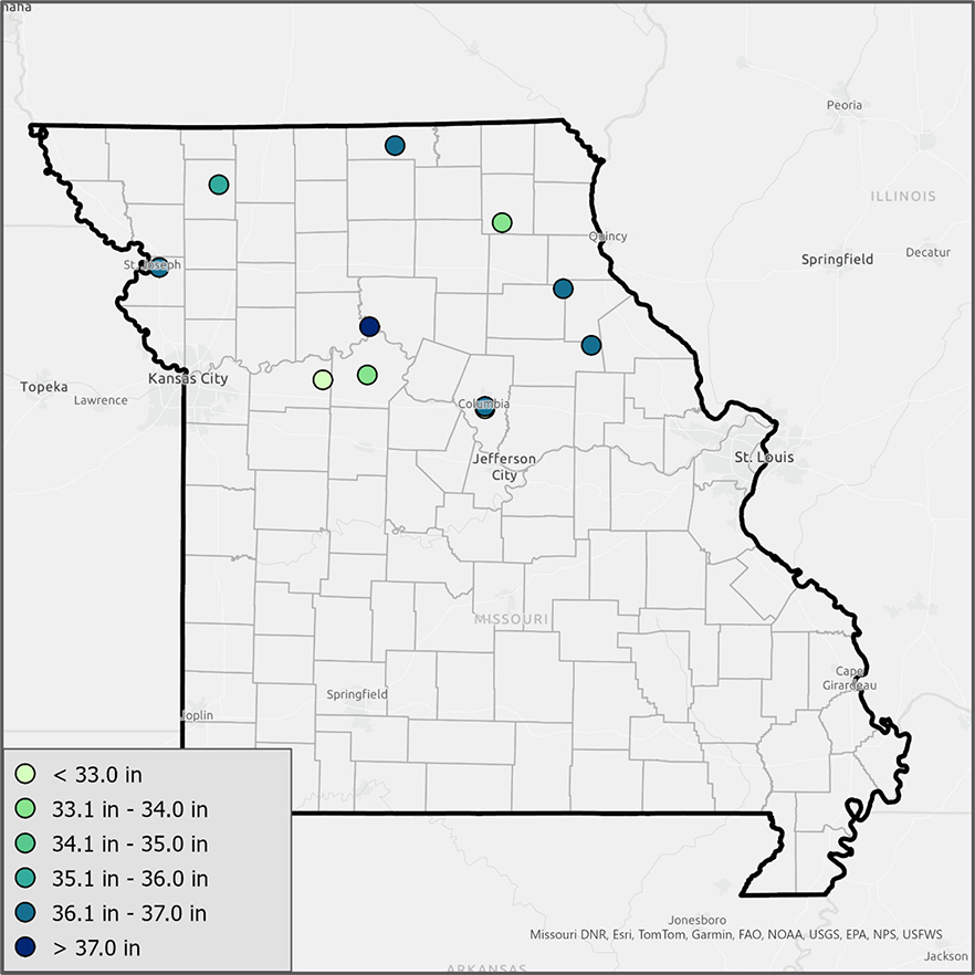 Map of Missouri with dots marking average annual sum of PET.