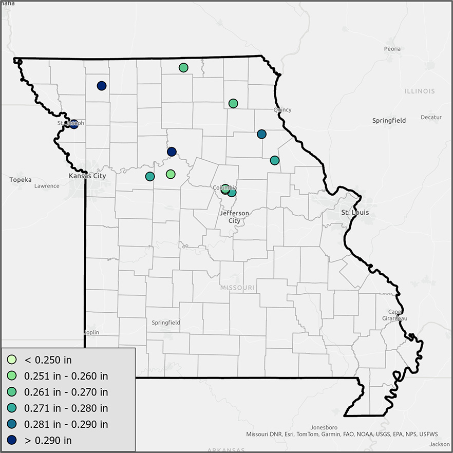 Map of Missouri with dots marking the daily maximum PET.