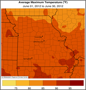 Missouri map showing maximum surface temps.
