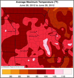 Missouri map showing maximum surface temps.