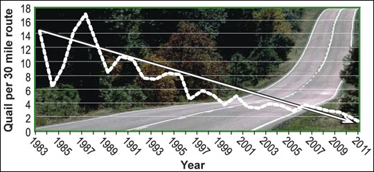 Missouri statewide population trends for bobwhite quail from 1983 to 2011 show a long-term decline