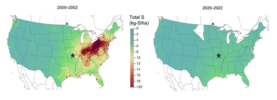 Atmospheric sulfur deposition in the continental US from 2000-2002 and 2020-2022 
