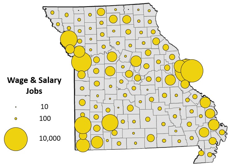 Missouri map of relative concentration of wage and salary jobs in food, agriculture and forestry. Scale from less than 0.8 to greater than 3.4. Higher concentrations in southeast Missouri and scattered across the state.